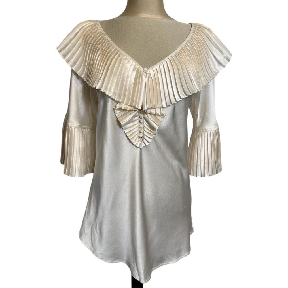 Vintage Charles Chang Lima Silk Satin Pleated Ruffle Blouse Champagne M